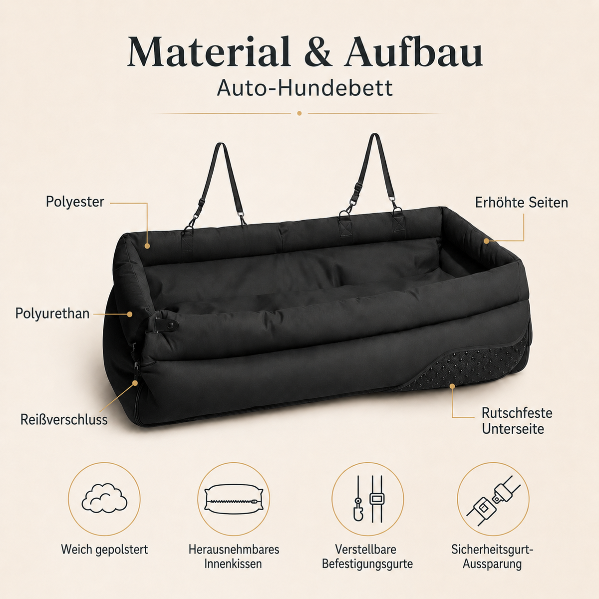 Auto-Hundebett mit Befestigungsgurten