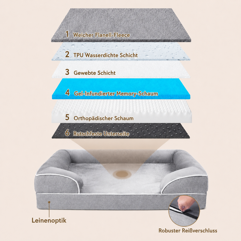 Orthopädisches Hundebett – Wasserdichtes Memory Foam Hundebett mit waschbarem Bezug, Gel-Memory-Schaum & rutschfester Unterseite für kleine & große Hunde